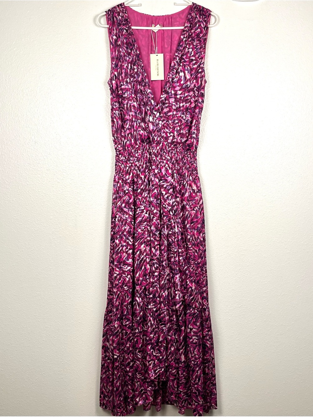 NWT Ramy Brook Medium Fuchsia Pink Purple Print Sleeveless Surplice Midi Dress